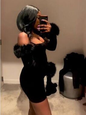 NWT Danielle Guzio Black Off-Shoulder Faux Fur Trim Bodycon Dress
